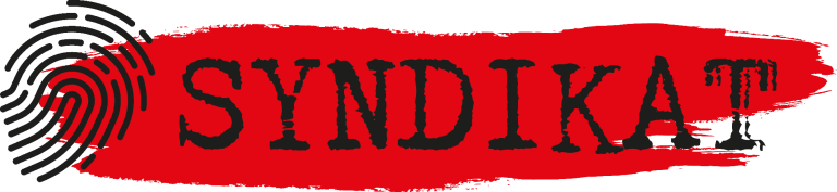 Logo mit rotem Hintergrund und schwarzem Text "SYNDIKAT" sowie einem Fingerabdruck.